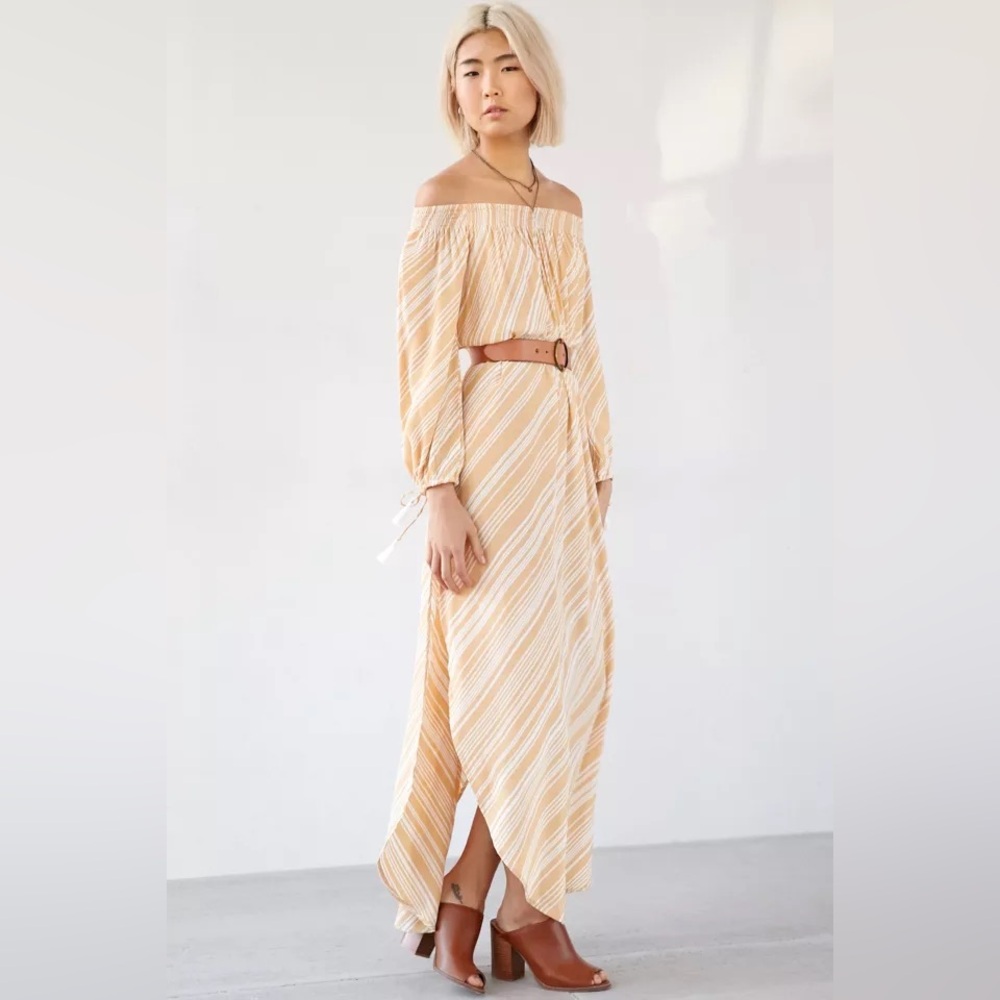 Faithfull the Brand Cecil Off-Shoulder Striped Tassel Maxi Dress High Slit